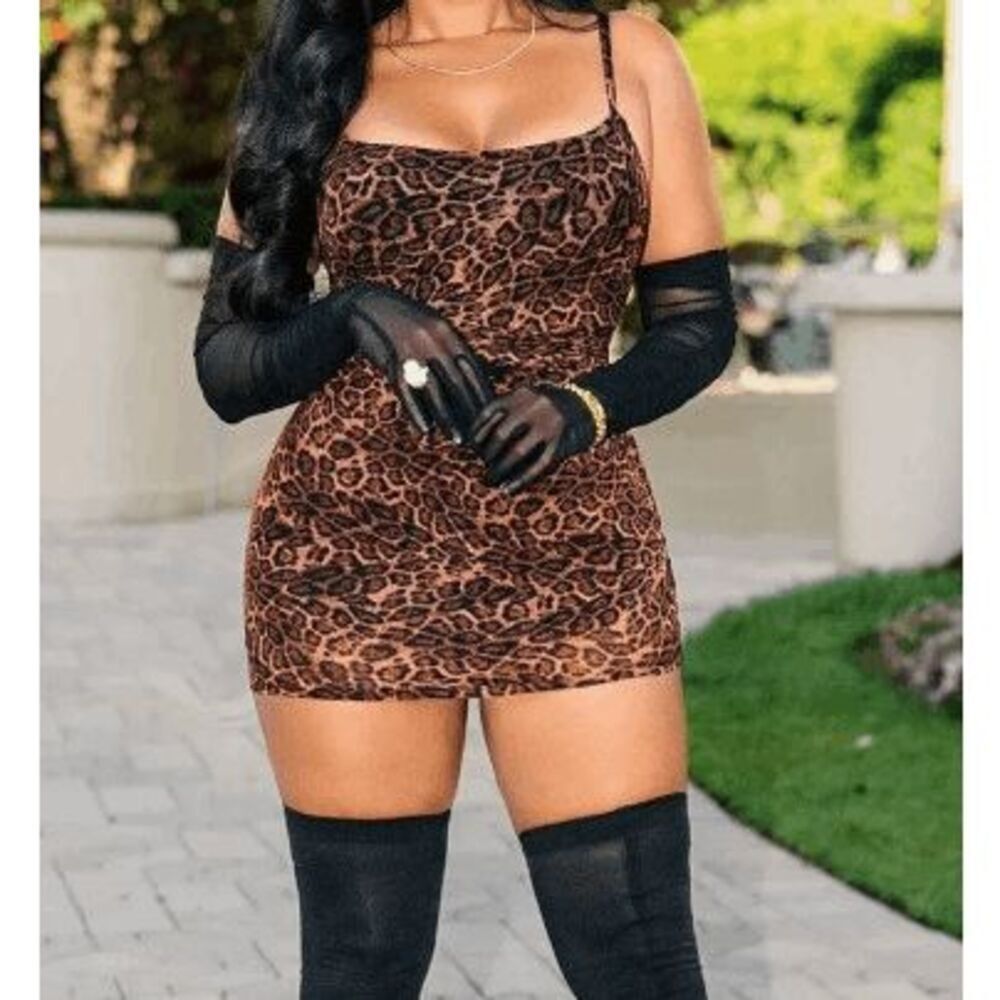 Popilush Women's Size XL Brown Leopard Ruched Tank Dress with Built in Shapewear